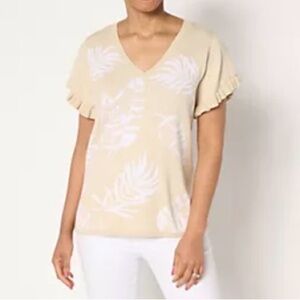 Susan Graver Jacquard Sweater with Flutter Sleeves L Natural A691331